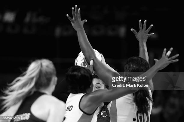 Maria Tutaia of New Zealand looks to pass during the 2015 Netball World Cup match between New Zealand and Uganda at Allphones Arena on August 14,...