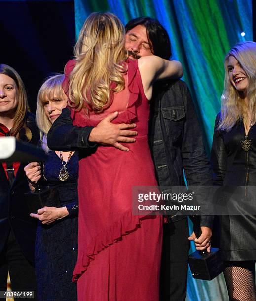 Courtney Love and Dave Grohl speak onstage at the 29th Annual Rock And Roll Hall Of Fame Induction Ceremony at Barclays Center of Brooklyn on April...