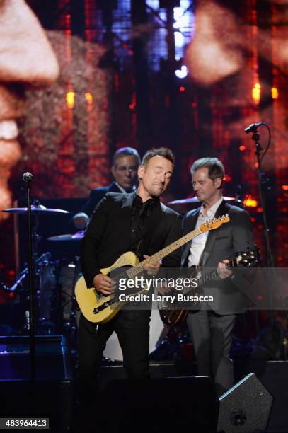 Musician Bruce Springsteen and Inductee Garry Tallent of the E Street Band perform onstage at the 29th Annual Rock And Roll Hall Of Fame Induction...
