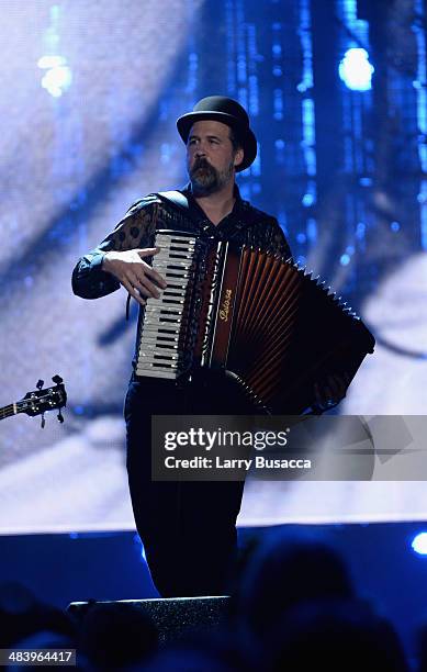 Inductee Krist Novoselic performs onstage at the 29th Annual Rock And Roll Hall Of Fame Induction Ceremony at Barclays Center of Brooklyn on April...