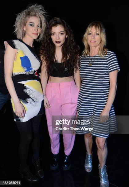 Musicians St. Vincent, Lorde and Kim Gordon pose backstage at the 29th Annual Rock And Roll Hall Of Fame Induction Ceremony at Barclays Center of...