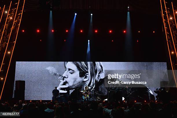 Musicians Pat Smear, St. Vincent and Krist Novoselic of Nirvana perform onstage at the 29th Annual Rock And Roll Hall Of Fame Induction Ceremony at...