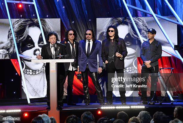 Inductees Peter Criss, Paul Stanley, Ace Frehley and Gene Simmons of KISS are seen onstage together with musician Tom Morello at the 29th Annual Rock...