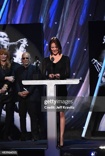 Victoria Clemons, widow of inductee Clarence Clemons of the E Street Band, speaks onstage at the 29th Annual Rock And Roll Hall Of Fame Induction...