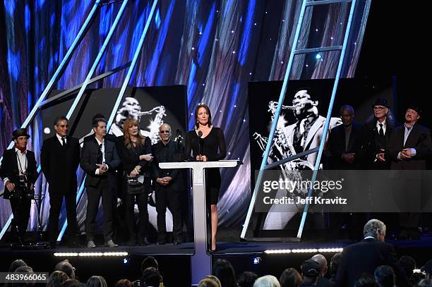 Victoria Clemons, widow of inductee Clarence Clemons of the E Street Band, speaks onstage at the 29th Annual Rock And Roll Hall Of Fame Induction...