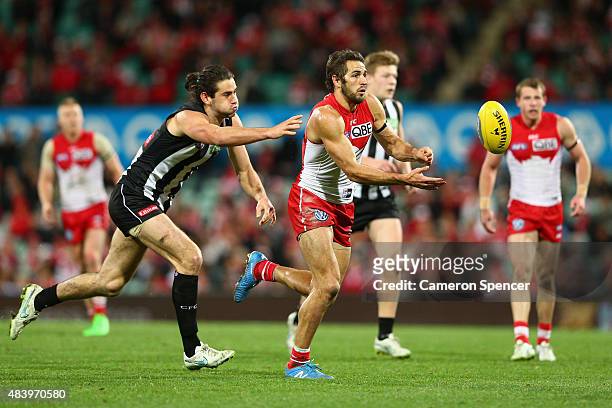 Josh Kennedy of the Swans handpasses during the round 20 AFL match between the Sydney Swans and the Collingwood Magpies at SCG on August 14, 2015 in...