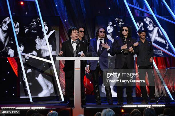Inductee Peter Criss of KISS speaks onstage onstage at the 29th Annual Rock And Roll Hall Of Fame Induction Ceremony at Barclays Center of Brooklyn...