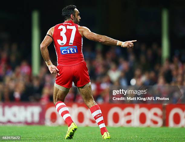 Adam Goodes of the Swans celebrates a goal during the round 20 AFL match between the Sydney Swans and the Collingwood Magpies at SCG on August 14,...