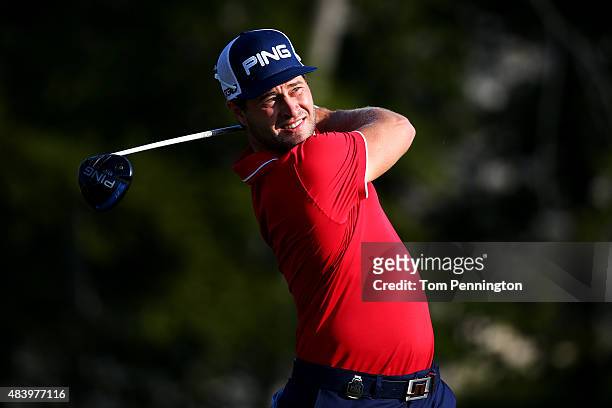 David Lingmerth of Sweden watches his tee shot on the first hole during the second round of the 2015 PGA Championship at Whistling Straits on August...