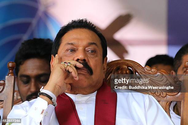 Former Sri Lankan president and parliamentary candidate Mahinda Rajapaksa attends his party's final day of election campaign rally on August 14, 2015...