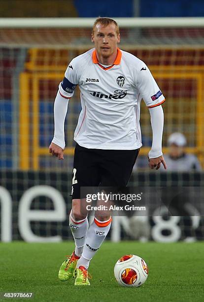 Jeremy Mathieu of Valencia controles the ball during the UEFA Europa League Quarter Final first leg match between FC Basel 1893 and FC Valencia at...
