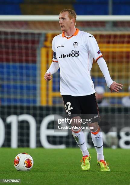 Jeremy Mathieu of Valencia controles the ball during the UEFA Europa League Quarter Final first leg match between FC Basel 1893 and FC Valencia at...
