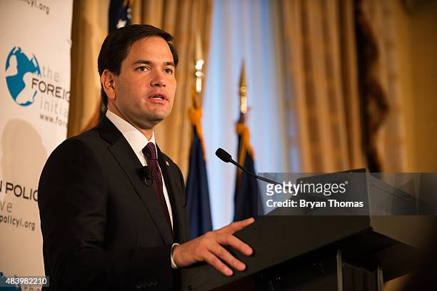 Republican presidential candidate Sen. Marco Rubio speaks during a speech hosted by the Foreign Policy Initiative at the 3 West Club on August 14,...