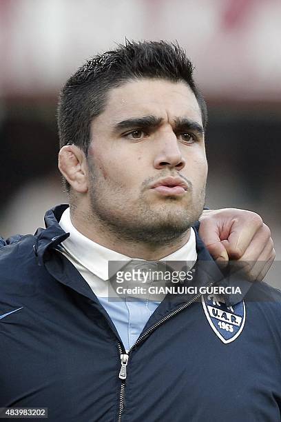 Argentinian prop Francisco Nahuel Tetaz Chaparro is pictured during the national anthem prior to test rugby test match South Africa vs. Argentina on...