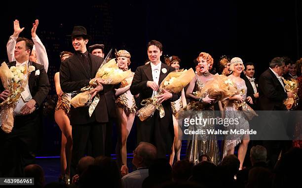 Nick Cordero, Zach Braff, Marin Mazzie, Helene Yorke and Vincent Pastore during the Broadway Opening Night Performance Curtain Call for ''Bullets...