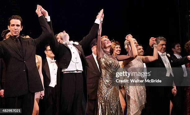 Nick Cordero, Zach Braff, Marin Mazzie, Helene Yorke and Vincent Pastore during the Broadway Opening Night Performance Curtain Call for ''Bullets...