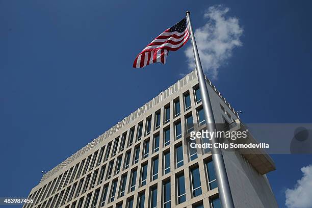 The American flay flys at the newly reopened U.S. Embassy following a ceremony August 14, 2015 in Havana, Cuba. The first American secretary of state...