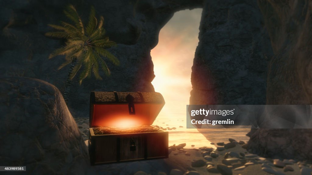 Fantasy island with pirate treasure chest