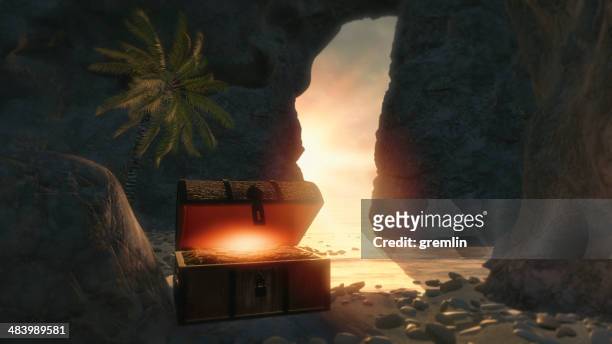 fantasy island with pirate treasure chest - treasure stock pictures, royalty-free photos & images
