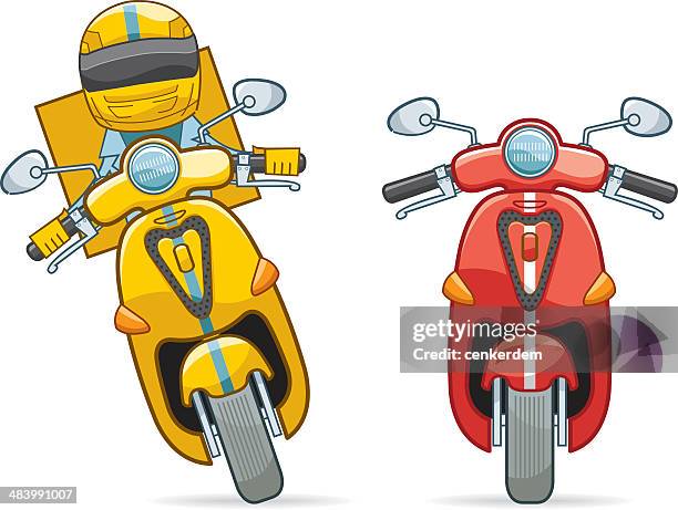 ilustraciones, imágenes clip art, dibujos animados e iconos de stock de dos colores de scooter y pizza boy - motorcycle helmet isolated