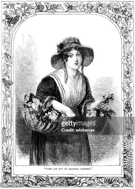 victorian flower seller girl in decorative border - victorian border stock illustrations