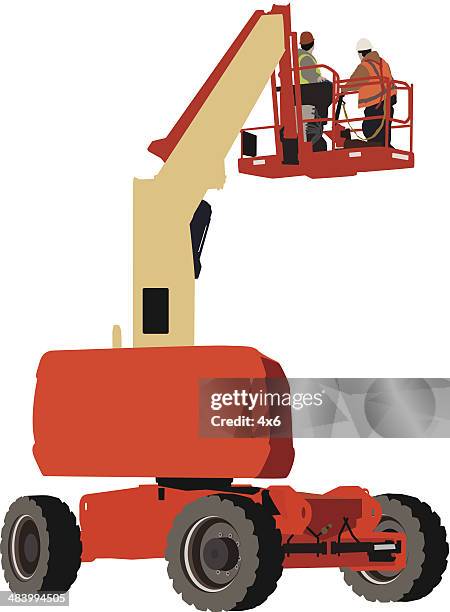 construction workers in a crane - hydraulic platform stock illustrations