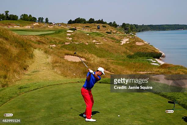Billy Horschel of the United States plays his shot from the 13th tee during the second round of the 2015 PGA Championship at Whistling Straits on...