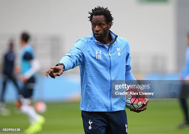 Ugo Ehiogu the coach of Tottenham Hotspur U21 looks on prior to the Barclays U21 Premier League match between Manchester City U21 and Tottenham...