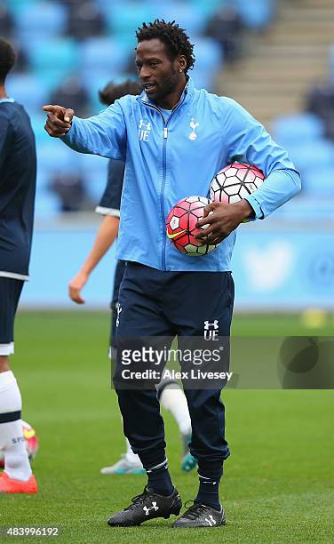 Ugo Ehiogu the coach of Tottenham Hotspur U21 looks on prior to the Barclays U21 Premier League match between Manchester City U21 and Tottenham...