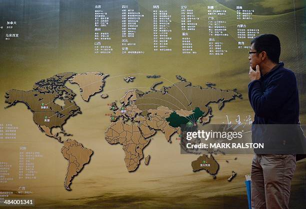 Chinese investor walks past an investment map showing suitable property markets for wealthy Chinese to invest in at the International Property Expo...