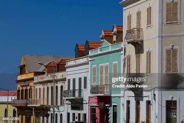 colorful building facades, mindelo - cabo verde imagens e fotografias de stock