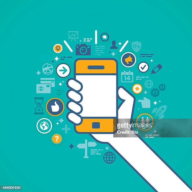 hand holding mobile phone with apps - collection stock illustrations