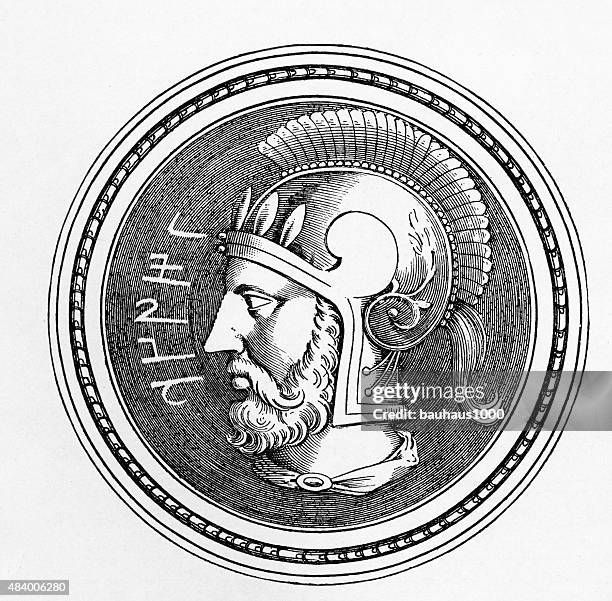 hannibal the warrior, 247-183 b.c. engraving - shielding face stock illustrations