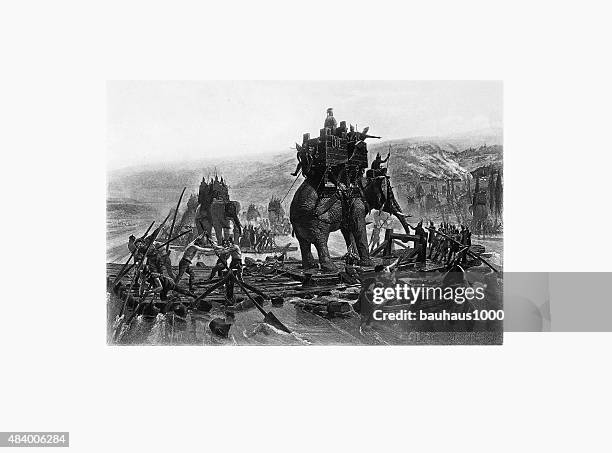 hannibal crossing the rhone river, 247-183 b.c. engraving - hannibal military commander stock illustrations