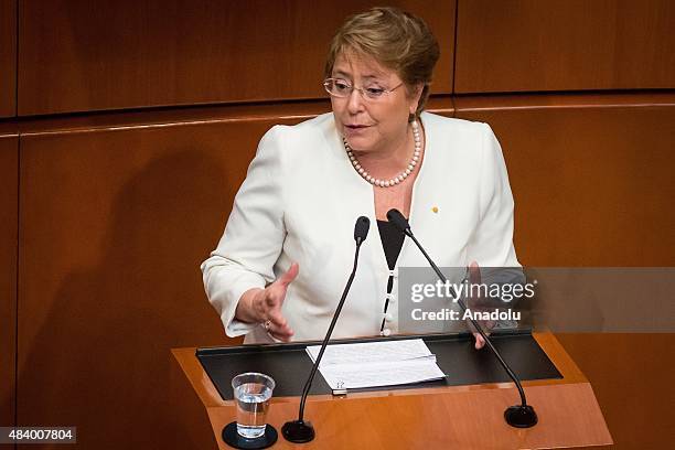 Michelle Bachelet, President of Chile addresses the Senate of Mexico on August 14, 2015 in Mexico City, Mexico. Bachelet is in Mexico for an official...