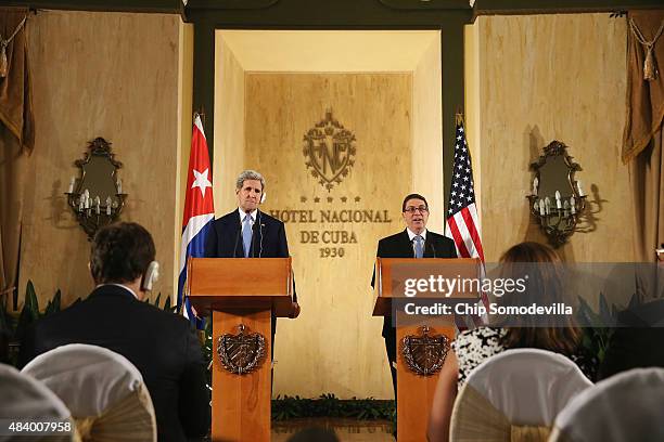 Secretary of State John Kerry and Cuban Minister of Foreign Affairs Bruno Rodriguez Parrilla hold a joint news conference at the Hotel Nacional...