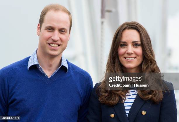 Prince William, Duke of Cambridge and Catherine, Duchess of Cambridge pose ahead of going sailing during their visit to Auckland Harbour on April 11,...