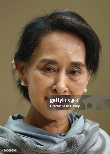 Myanmar human rights activist and politician Aung San Suu Kyi speaks after receiving the International Willy Brandt Award from the German Social...