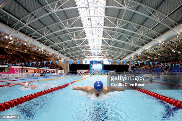 Lewis Smith competes in the Men's 400m Individual Medley heats on day two of the British Gas Swimming Championships 2014 at Tollcross International...