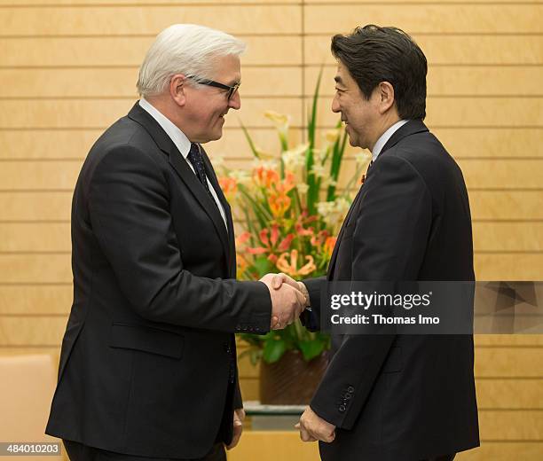 German Foreign Minister Frank-Walter Steinmeier attends a meeting with Japanese Prime Minister, Shinzo Abe, on April 11, 2014 in Tokyo, Japan....