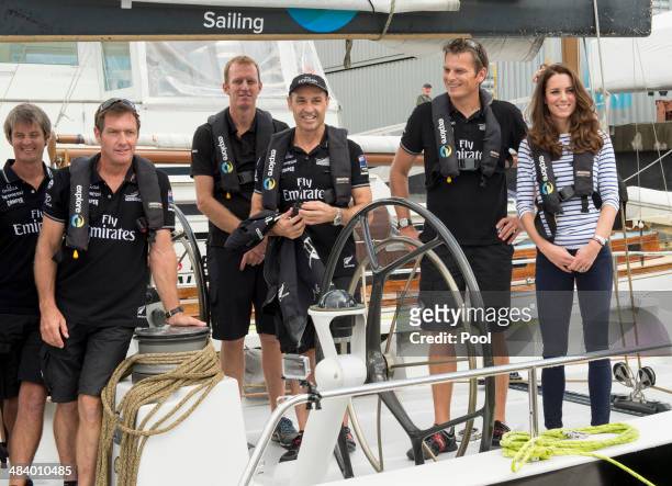Catherine, Duchess of Cambridge on board an America's Cup yacht in Auckland Harbour on April 11, 2014 in Auckland, New Zealand. The Duke and Duchess...