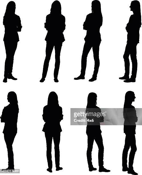 multiple images of a woman with her arms crossed - standing stock illustrations