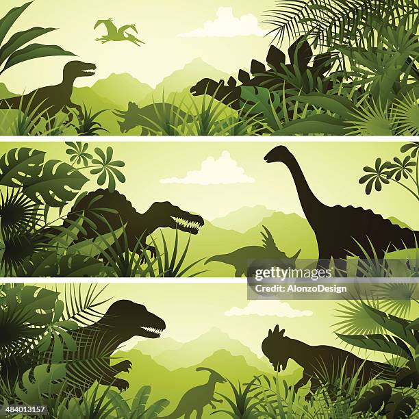 ilustraciones, imágenes clip art, dibujos animados e iconos de stock de jurassic banners - dinosaur