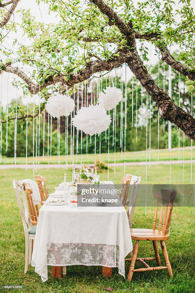 Garden party arrangement with decorations hanging from tree.