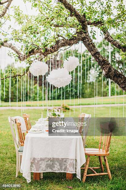 garden party arrangement with decorations hanging from tree. - pompong bildbanksfoton och bilder