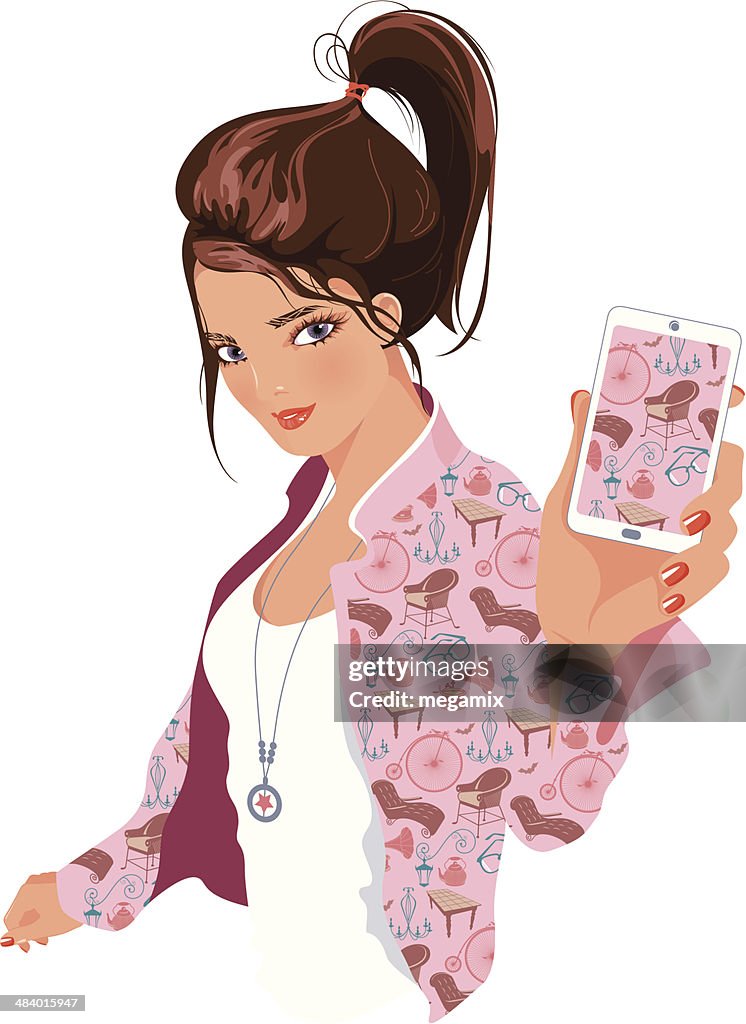 Casual olhar Menina com o seu smartphone.