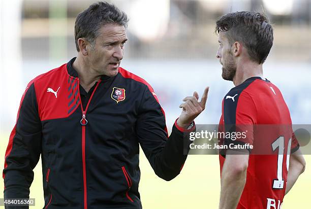 Coach of Rennes Philippe Montanier talks to Ermir Lenjani of Rennes during the friendly match between Stade Rennais and Stade Brestois at Stade...