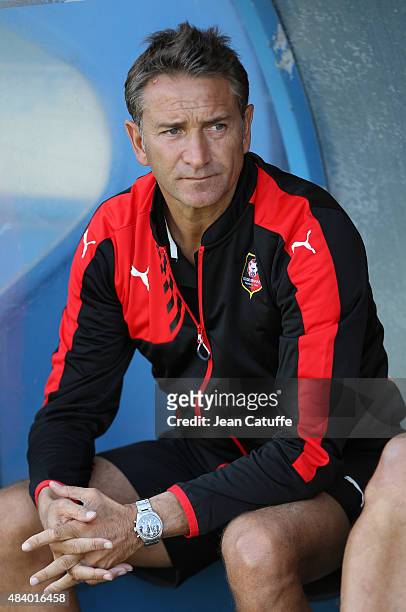Coach of Rennes Philippe Montanier reacts during the friendly match between Stade Rennais and Stade Brestois at Stade Fred-Aubert on July 11, 2015 in...