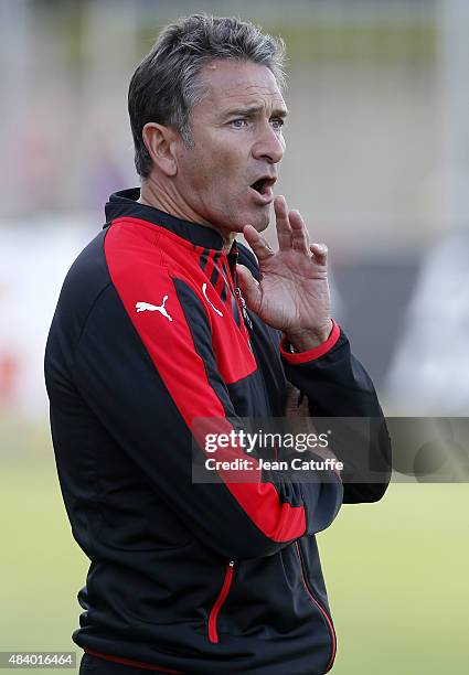 Coach of Rennes Philippe Montanier reacts during the friendly match between Stade Rennais and Stade Brestois at Stade Fred-Aubert on July 11, 2015 in...