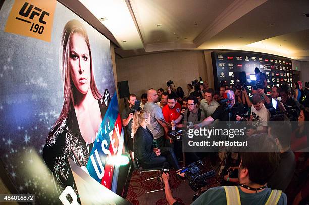 Women's bantamweight champion Ronda Rousey interacts with the media during the UFC 190 Ultimate Media Day at the Sheraton Rio Hotel on July 30, 2015...